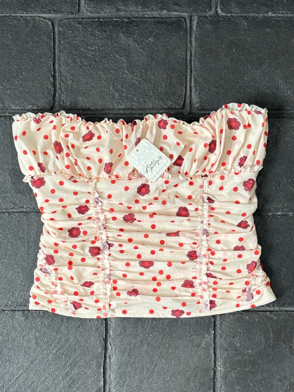 Free People Scottie strapless printed tube top ivory floral polka dot size S NWT